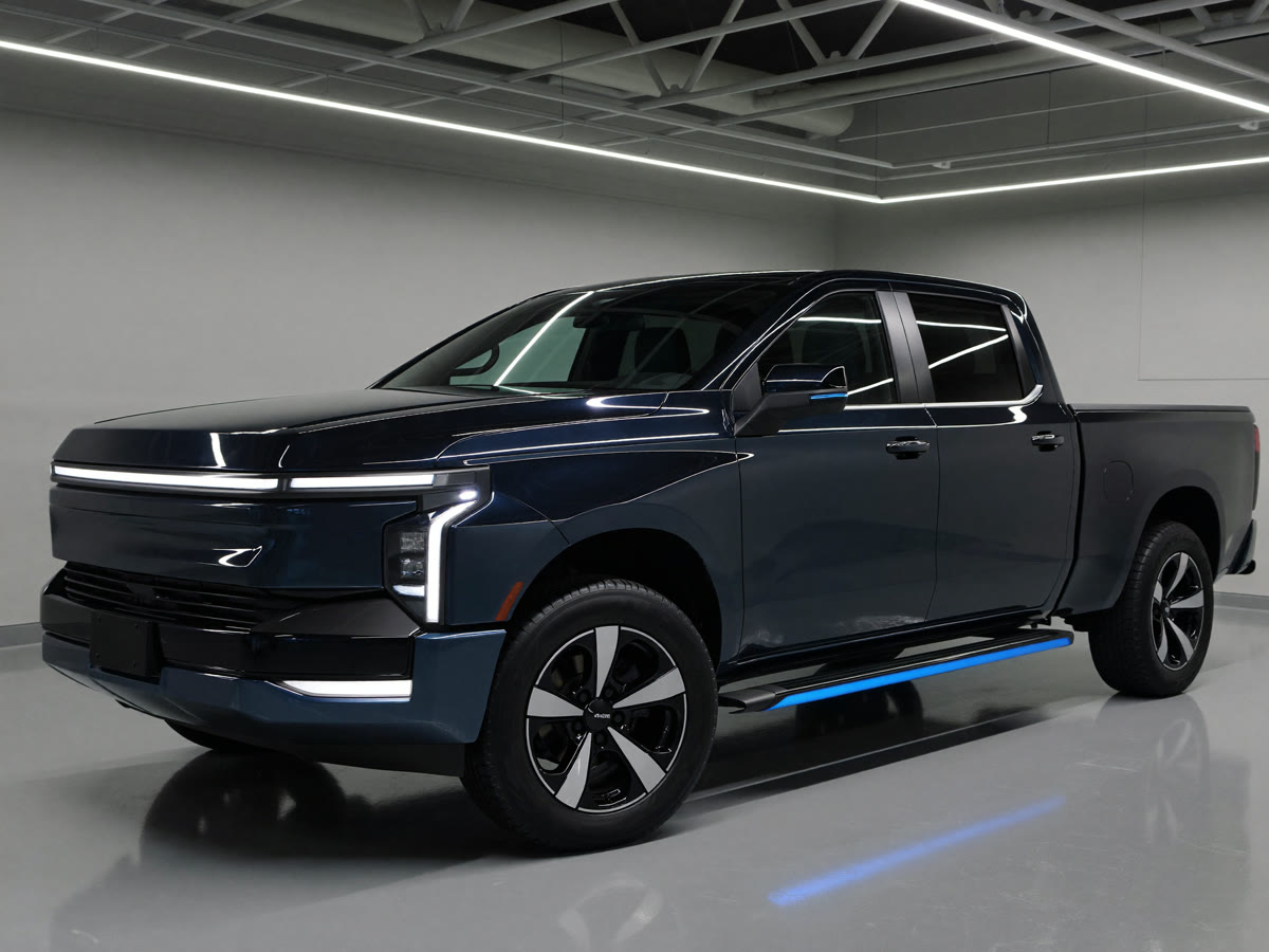 Dark grey pickup truck freshly detailed in a studio bay