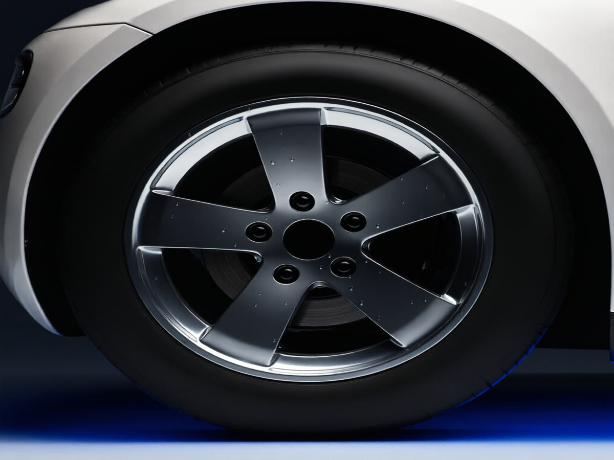 Clean alloy wheel with water beads on the wheel face